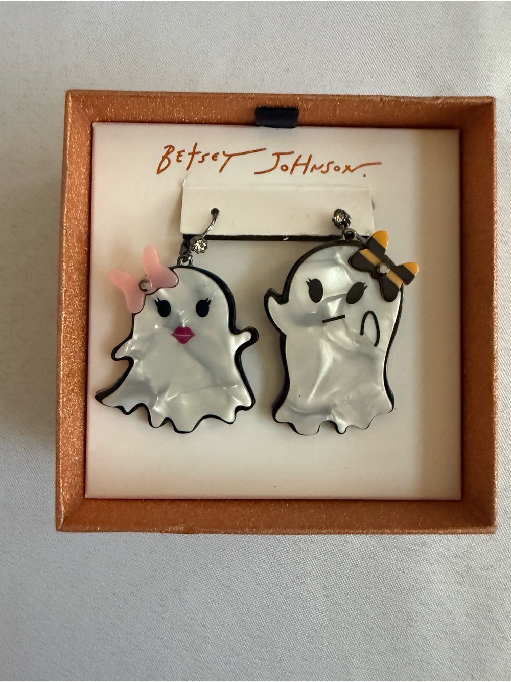 Betsey Johnson Halloween White Ghost Duo Earrings- Cute Halloween Accessory NIB